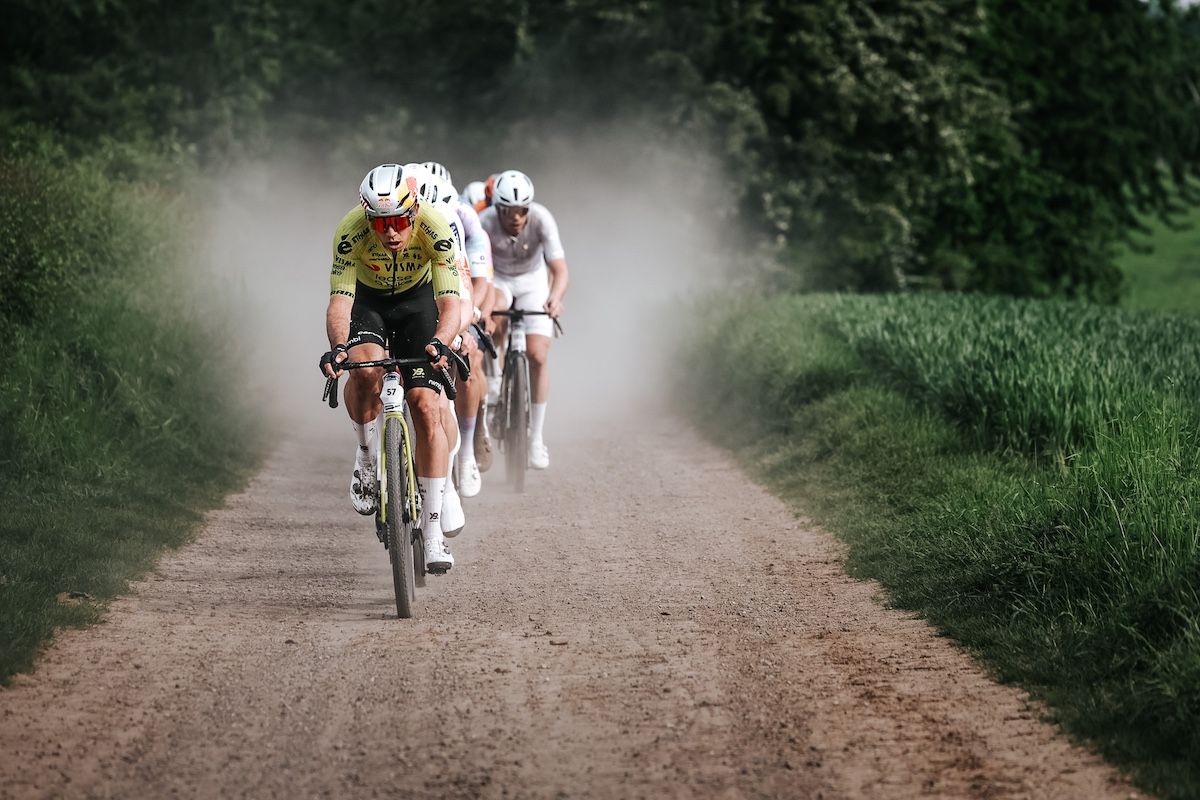 Wout van Aert (Visma- Lease a Bike) on his way to winning the Marly Grav UCI Gravel World Series race 2026