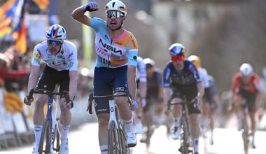 Ethan Vernon celebrates at finish line as stage winner ahead of Dorian Godon