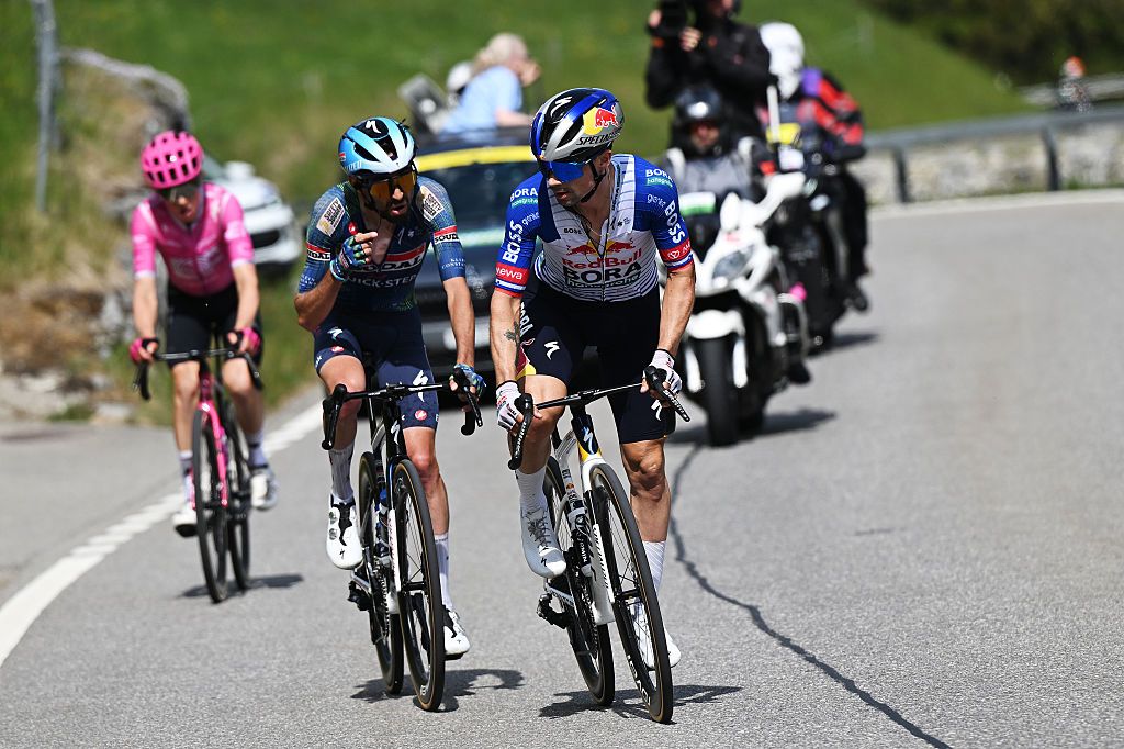 CHARMEY, SWITZERLAND - MAY 02: (L-R) Valentin Paret-Peintre of France and Team Soudal Quick-Step and Primoz Roglic of Slovenia and Team Red Bull - BORA - hansgrohe compete in the breakaway during the 79th Tour de Romandie 2026, Stage 4 a 149.6km stage from Broc to Charmey / #UCIWT / on May 02, 2026 in Charmey, Switzerland. (Photo by Dario Belingheri/Getty Images)