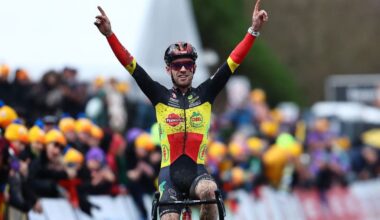 Eli Iserbyt (Pauwels Sauzen) celebrates winning the Grand Prix Sven Nys men's elite race in Baal on January 1, 2025. (Photo by DAVID PINTENS/Belga/AFP via Getty Images)