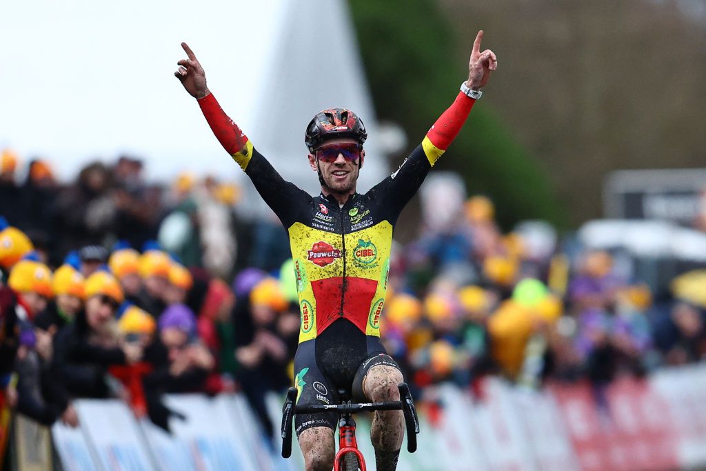 Eli Iserbyt (Pauwels Sauzen) celebrates winning the Grand Prix Sven Nys men's elite race in Baal on January 1, 2025. (Photo by DAVID PINTENS/Belga/AFP via Getty Images)