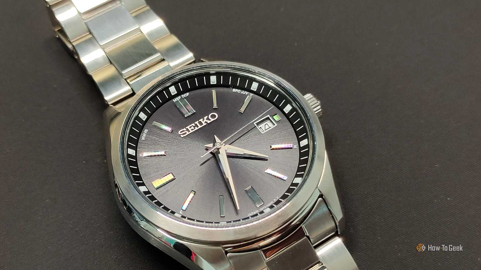 A close-up of a Seiko wrist watch.