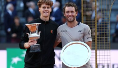 ROME, ITALY - MAY 17: Winner Jannik Sinner of Italy and runner up Casper Ruud of Norway pose for a photo with their trophies following the Men