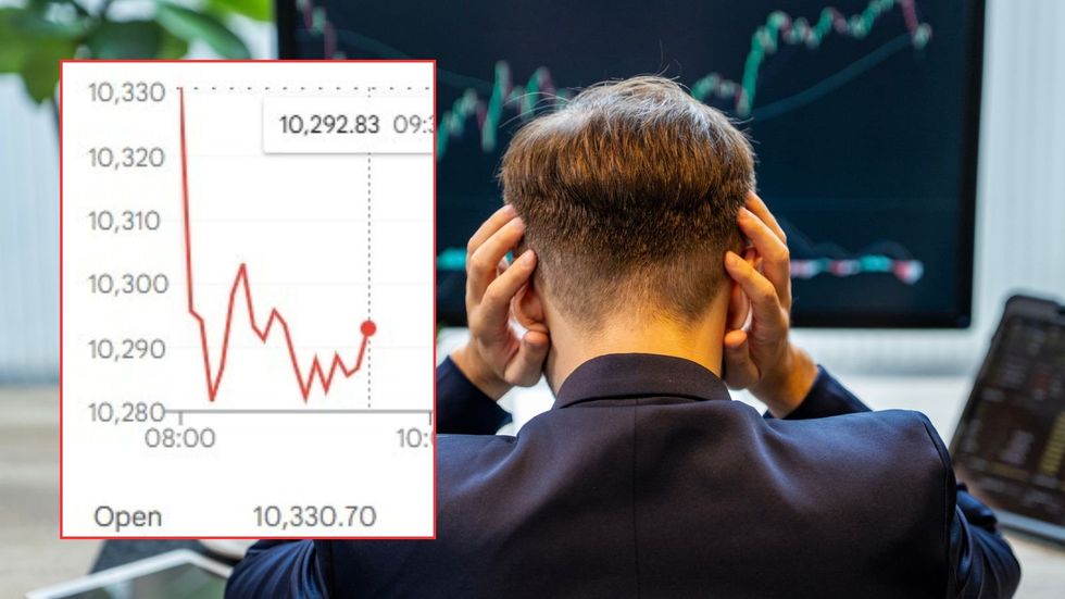 Investor looking worried and Ftse graph