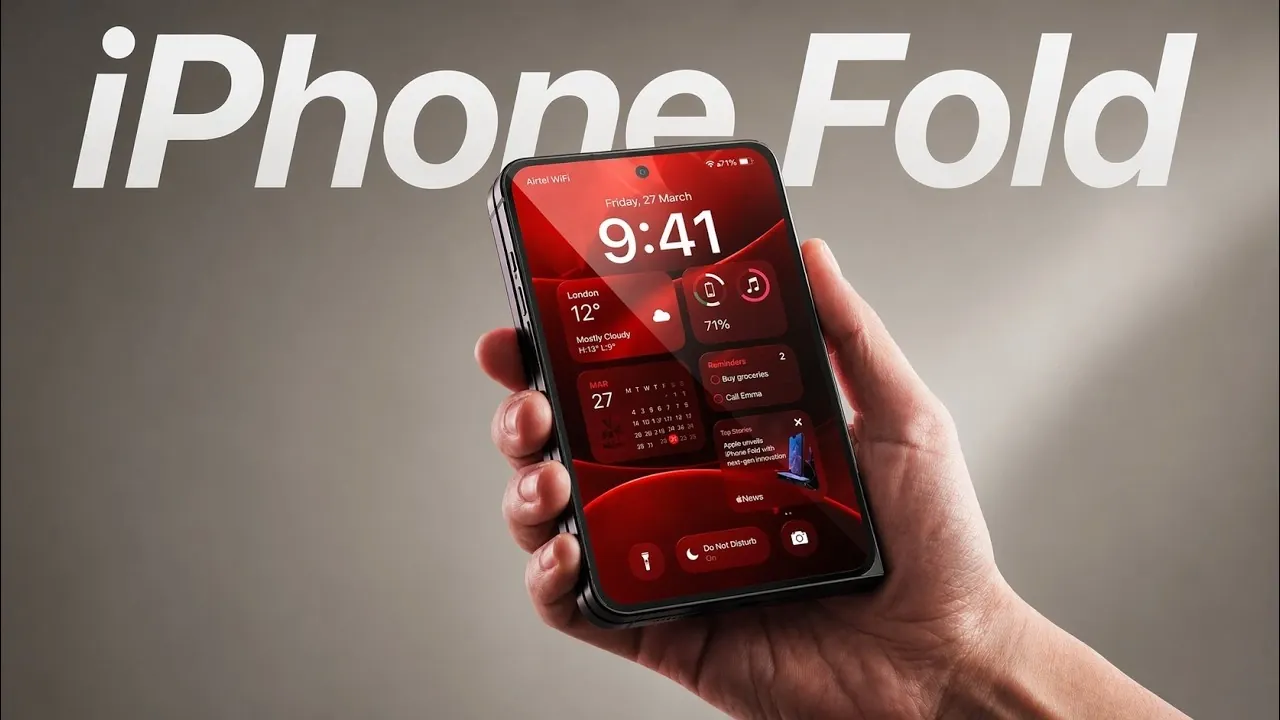 Artist mockup of iPhone Ultra Fold opened like a small tablet, showing flat edges and thin frame.