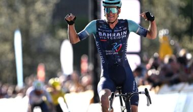 DENAIN, FRANCE - MARCH 19: Alec Segaert of Belgium and Team Bahrain - Victorious celebrates at finish line as race winner during the 67th Grand Prix de Denain - Porte du Hainaut 2026 a 200.4km one day race from Denain to Denain on March 19, 2026 in Denain, France. (Photo by Luc Claessen/Getty Images)