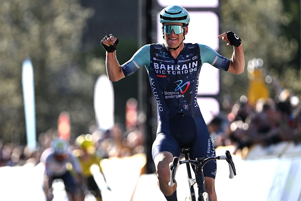 DENAIN, FRANCE - MARCH 19: Alec Segaert of Belgium and Team Bahrain - Victorious celebrates at finish line as race winner during the 67th Grand Prix de Denain - Porte du Hainaut 2026 a 200.4km one day race from Denain to Denain on March 19, 2026 in Denain, France. (Photo by Luc Claessen/Getty Images)