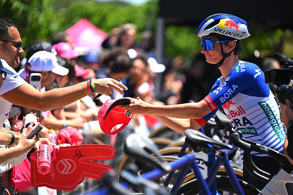 CATANZARO, ITALY - MAY 12: Giulio Pellizzari of Italy and Team Red Bull - BORA - hansgrohe prior to the 109th Giro d&amp;apos;Italia 2026, Stage 4 a 138km stage from Catanzaro to Cosenza / #UCIWT / on May 12, 2026 in Catanzaro, Italy. (Photo by Tim de Waele/Getty Images)