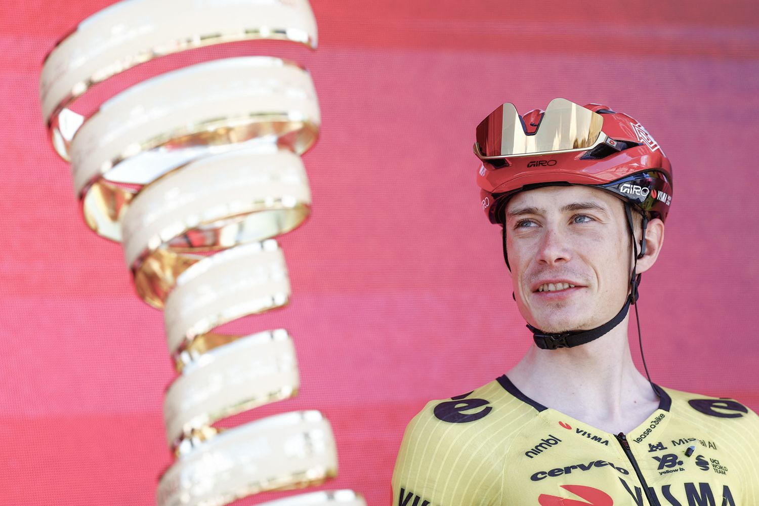 Team Visma Lease a Bike Danish rider Jonas Vingegaard looks on during the presentation of the teams prior the 3nd stage of the Giro d'Italia 2026 - Tour of Italy cycling race between Plovdiv and Sofia, Bulgaria, on May 10, 2026. (Photo by Luca Bettini / AFP via Getty Images)