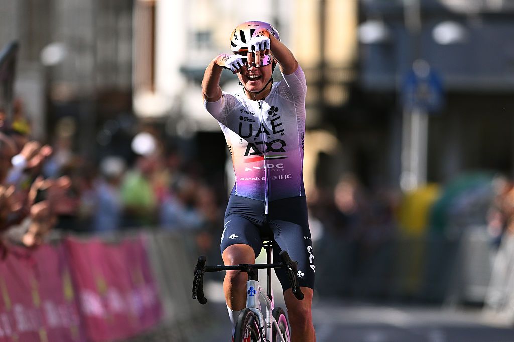 Paula Blasi of Spain and UAE Development Team celebrates at finish line as race winner during the 25th Durango - Durango Emakumeen Saria 2026