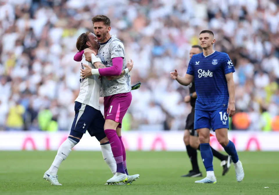 Guglielmo Vicario and James Maddison celebrate Tottenham avoiding Premier League relegation