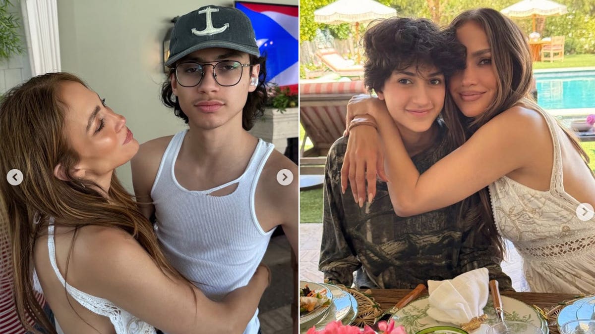 A split photo of Jennifer Lopez with her kids Max and Emme on Memorial Day 2026.