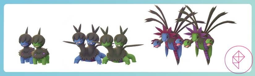 Shiny Deino, Zweilous, and Hydreigon in Pokémon Go. All three shiny forms get green bodies instead of blue.