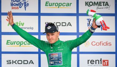 Tim Merlier of Belgium and Team Soudal Quick-Step stands on the podium as the Green Jersey Leader after stage 2 of the 47th Tour of Hungary
