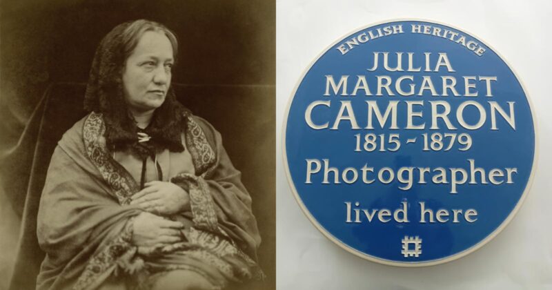 A sepia portrait of a seated woman in Victorian attire is beside a blue English Heritage plaque reading: “Julia Margaret Cameron 1815–1879 Photographer lived here.”.