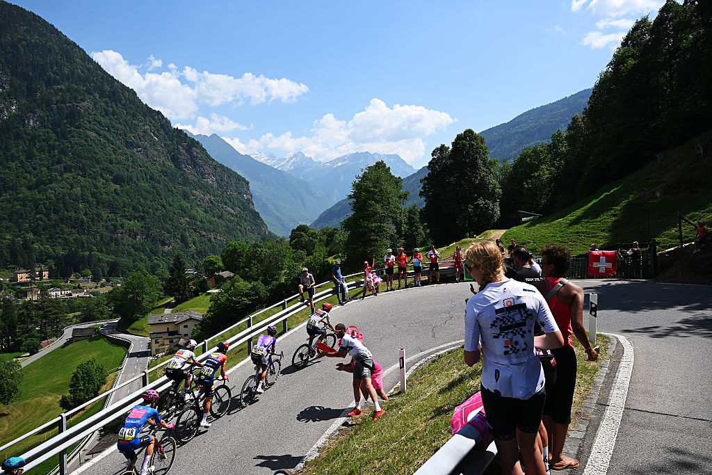 CARI, SWITZERLAND - MAY 26: A general view of the Jardi Christiaan van der Lee of Netherlands and Team EF Education - EasyPost - Blue Mountain Jersey, Jhonatan Narvaez of Ecuador and UAE Team Emirates - XRG, Giulio Ciccone of Italy and Team Lidl - Trek, Alan Hatherly of South Africa and Team Jayco AlUla and Filippo Zana of Italy and Team Soudal Quick-Step compete in the breakaway climbing to the Leontica (869m) during the 109th Giro d&amp;apos;Italia 2026, Stage 16 a 113km stage from Bellinzona to Cari 1645m / #UCIWT / on May 26, 2026 in Cari, Switzerland. (Photo by Tim de Waele/Getty Images)