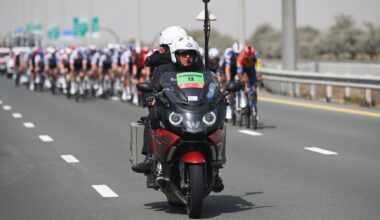 DUBAI, UNITED ARAB EMIRATES - FEBRUARY 21: TV motorbike during the 7th UAE Tour 2025, Stage 5 a 160km stage from American University Dubai to American University Dubai / #UCIWWT / on February 21, 2025 in Dubai, United Arab Emirates. (Photo by Dario Belingheri/Getty Images)