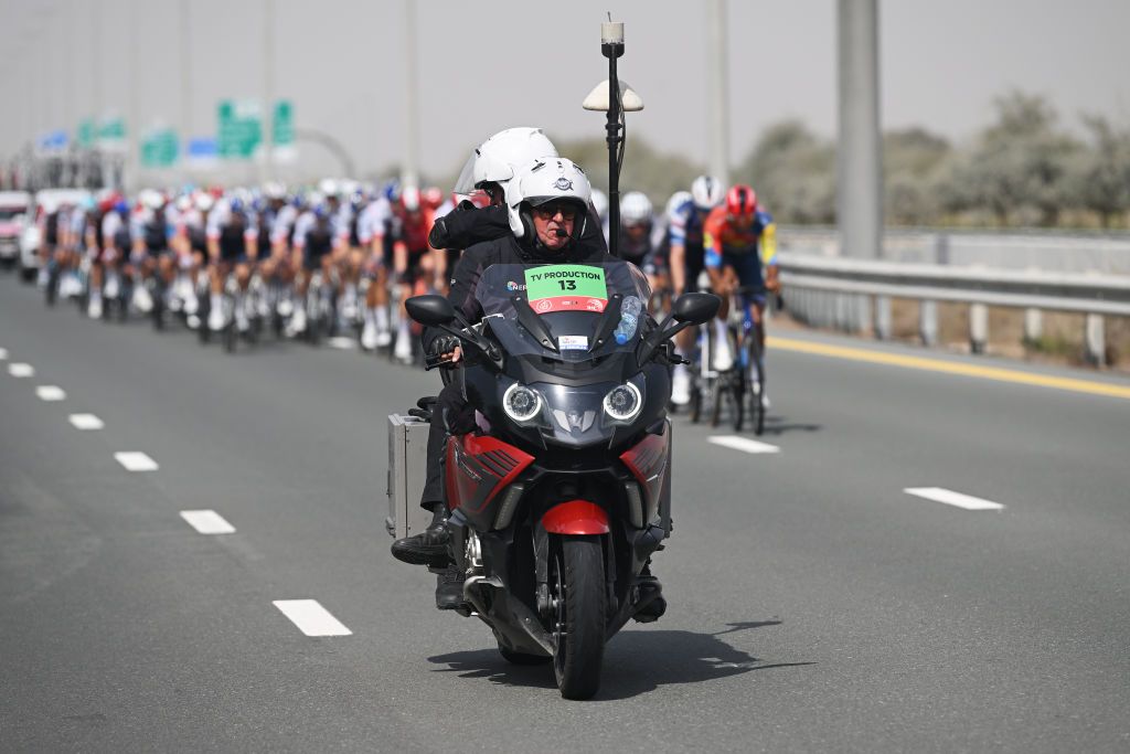 DUBAI, UNITED ARAB EMIRATES - FEBRUARY 21: TV motorbike during the 7th UAE Tour 2025, Stage 5 a 160km stage from American University Dubai to American University Dubai / #UCIWWT / on February 21, 2025 in Dubai, United Arab Emirates. (Photo by Dario Belingheri/Getty Images)