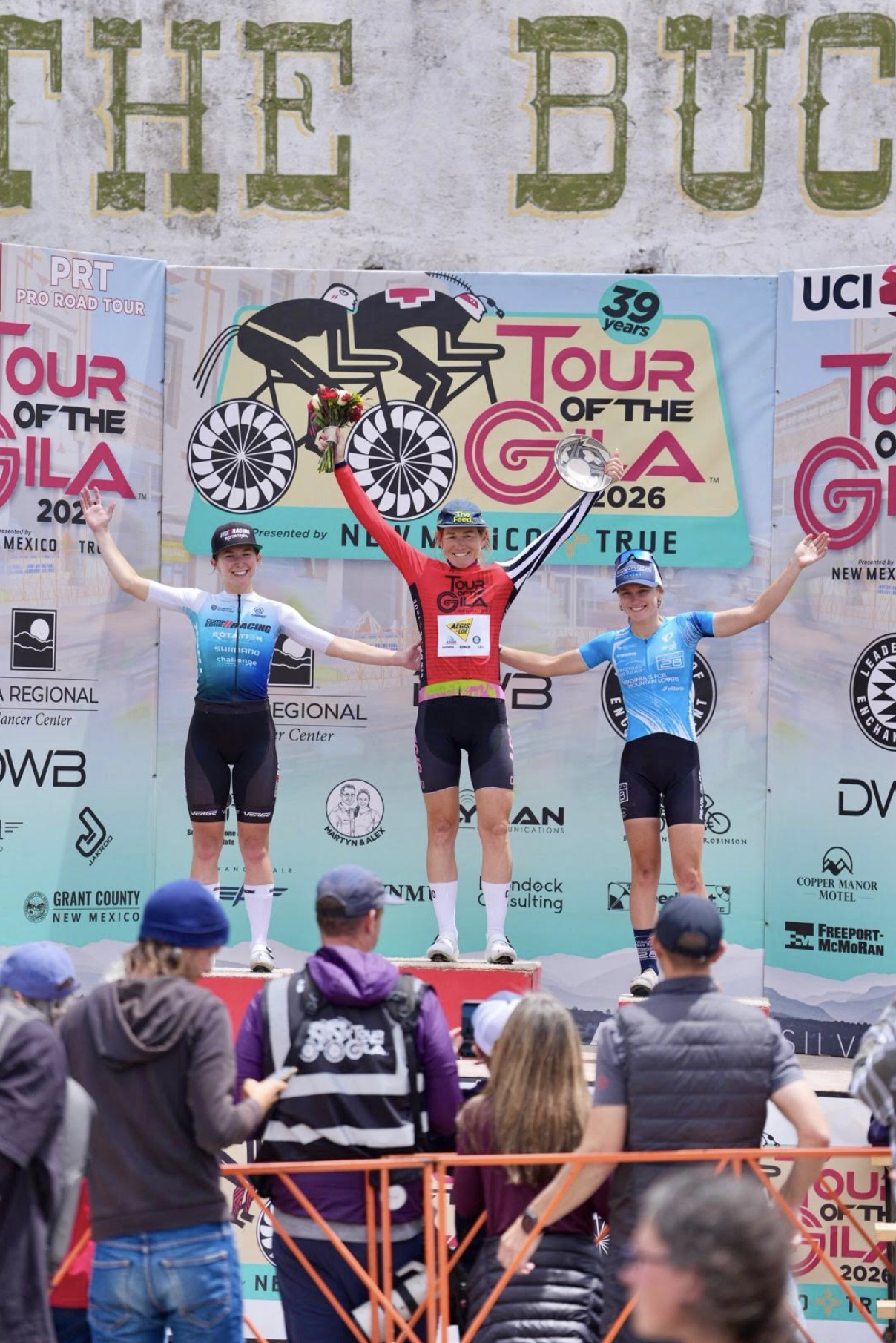 The overall women's podium at the 2026 Tour of the Gila, with Lauren Stephens (Aegis x Leaders of Enchantment) first, Ashley Frye (Competitive Edge) second and Emily Gilbert (Virginia's Blue Ridge TWENTY28) in third