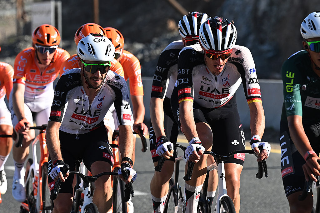 FUJAIRAH, UNITED ARAB EMIRATES - FEBRUARY 19: (L-R) Adam Yates of Great Britain and Nils Politt of Germany and UAE Team Emirates - XRG compete during the 8th UAE Tour 2026, Stage 4 a 182km stage from Fujairah to Fujairah / #UCIWT / on February 19, 2026 in Fujairah, United Arab Emirates. (Photo by Tim de Waele/Getty Images)