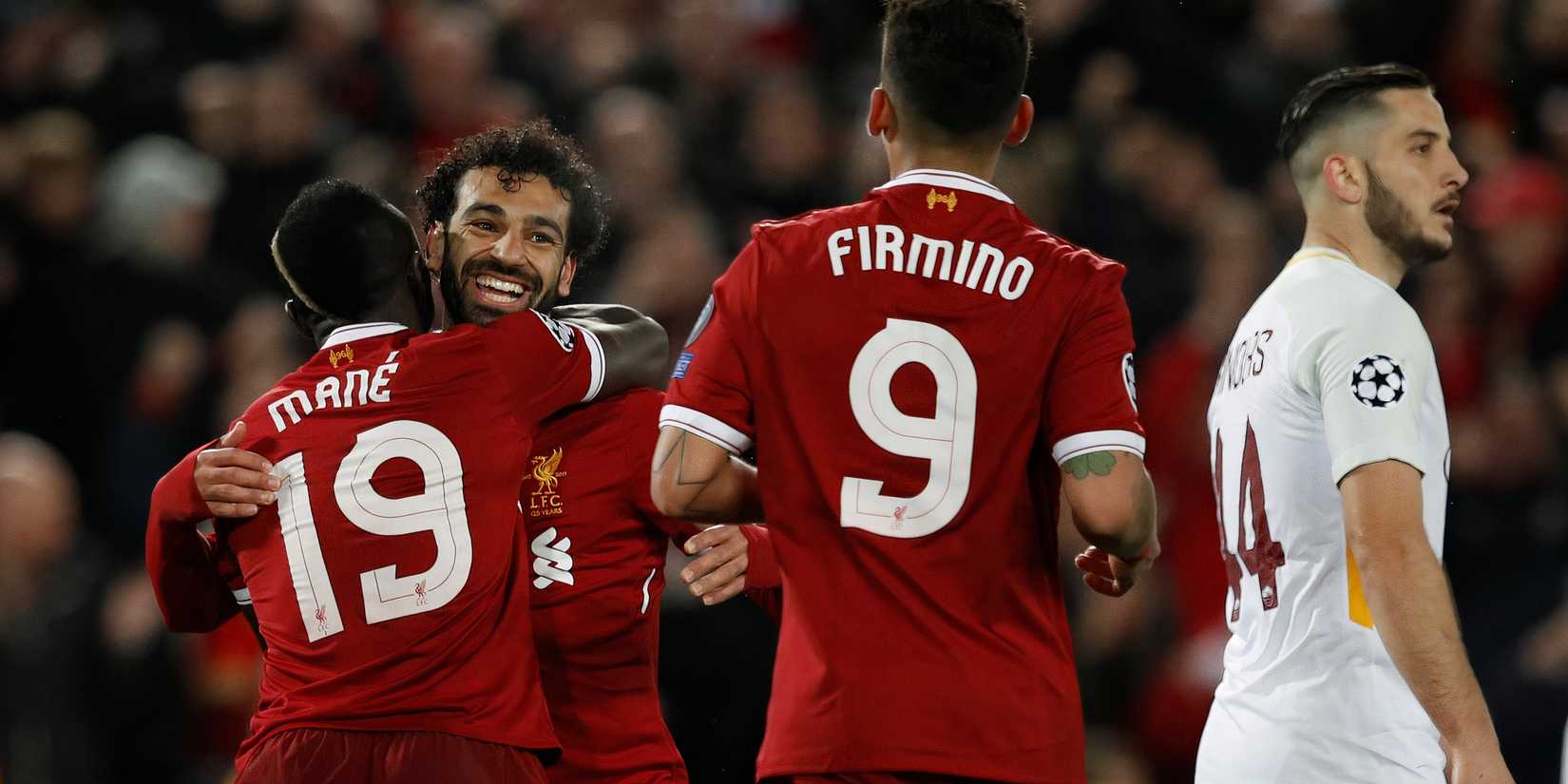 Liverpool trio Mohamed Salah, Bobby Firmino and Sadio Mane celebrate