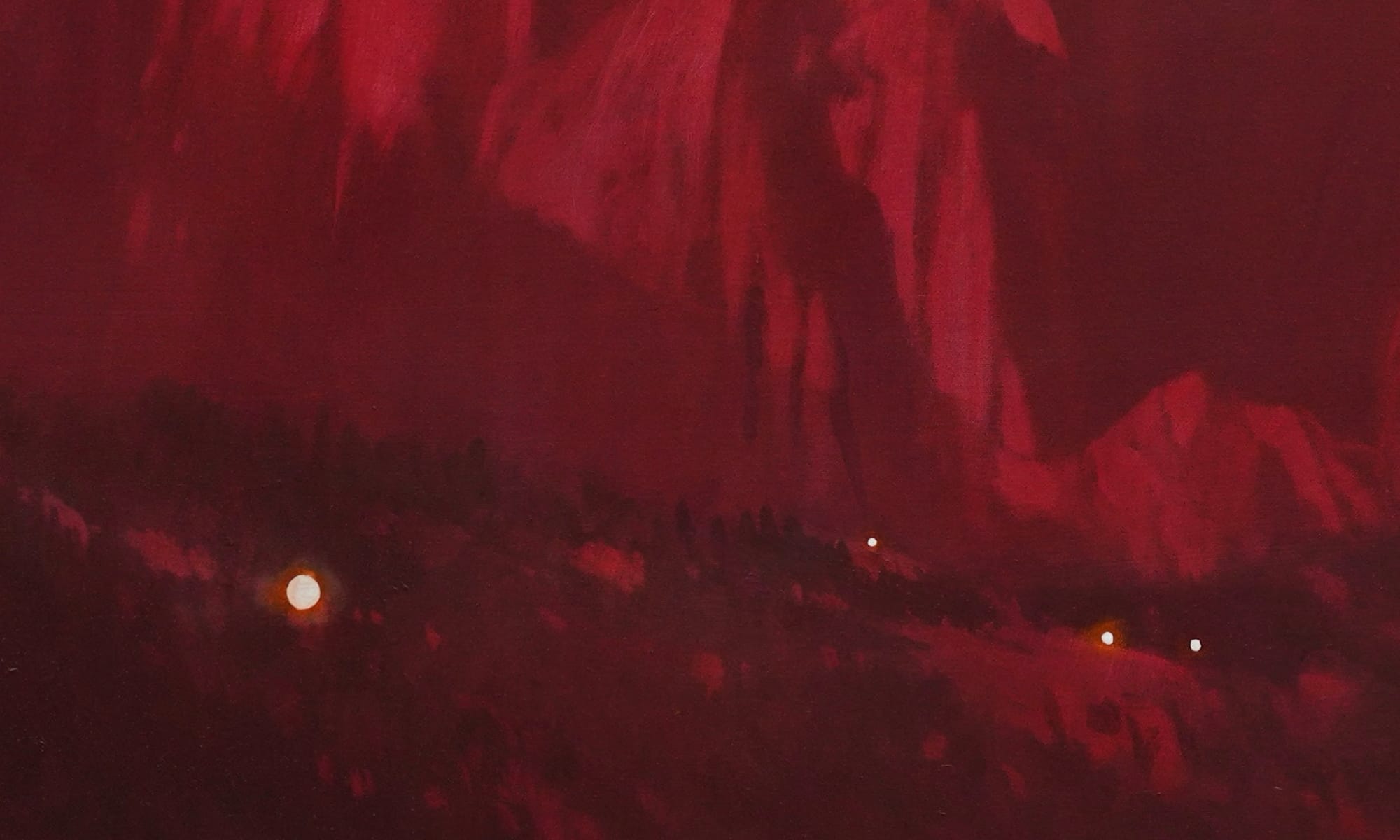 a red landscape painting by Andrew McIntosh with mountains and small glowing orbs