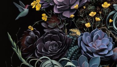 A detail of a hyperrealistic, detailed still life painting of florals, succulents, and birds