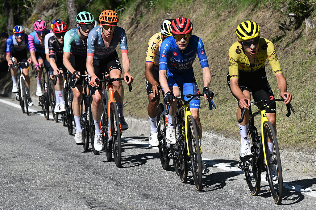 PILA - GRESSAN, ITALY - MAY 23: (L-R) Felix Gall of Austria and Team Decathlon CMA CGM, Thymen Arensman of Netherlands, Egan Bernal of Colombia and Netcompany INEOS Cycling Team, Jonas Vingegaard of Denmark - Blue Mountain Jersey and Davide Piganzoli of Italy and Team Visma | Lease a Bike compete in the breakaway during the 109th Giro d&amp;apos;Italia 2026, Stage 14 a 133km stage from Aosta to Pila - Gressan 1789m / #UCIWT / on May 23, 2026 in Pila - Gressan, Italy. (Photo by Tim de Waele/Getty Images)