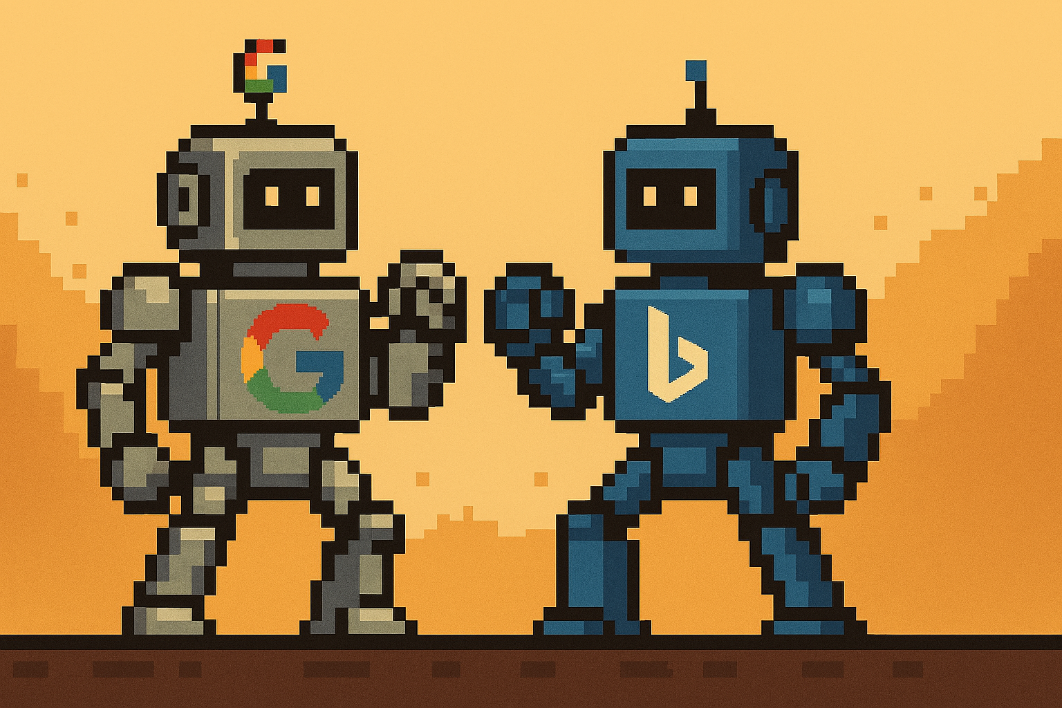A Google robot squares off against a Bing robot, with pixel art stylings