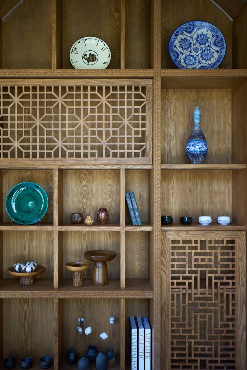 Detail of shelving in Okhun Gozar craft salon in Tashkent by Nada Debs
