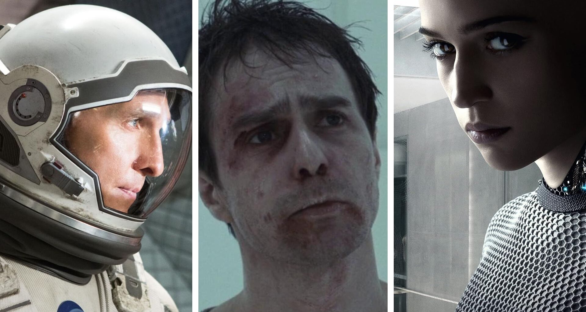 Split image showing three sci-fi thrillers: Interstellar, Moon, and Ex Machina