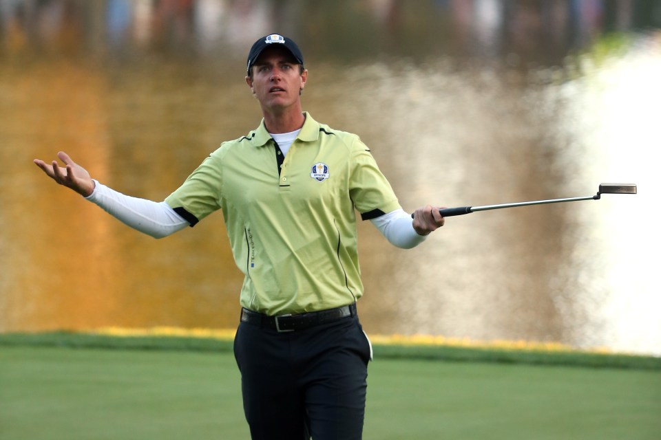 Nicolas Colsaerts of Europe celebrates a birdie putt on the 17th green during the Afternoon Four-Ball Matches for The 39th Ryder Cup at Medinah Country Club on September 28, 2012 in Medinah, Illinois.