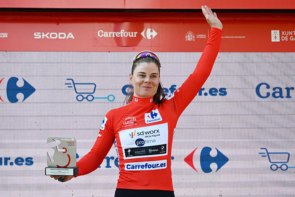 ANTAS DE ULLA, SPAIN - MAY 06: Lotte Kopecky of Belgium and Team SD Worx - Protime celebrates at podium as Red Leader Jersey winner during the 12th La Vuelta Femenina 2026, Stage 4 a 115.6km stage from Monforte de Lemos to Antas de Ulla / #UCIWWT / on May 06, 2026 in Antas de Ulla, Spain. (Photo by Szymon Gruchalski/Getty Images)