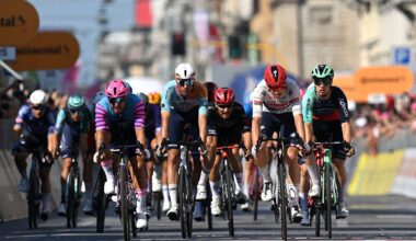 MILAN, ITALY - MAY 24: (L-R) Dylan Groenewegen of Netherlands and Team Unibet Rose Rockets, Ethan Vernon of Great Britain and Team NSN Cycling, Paul Magnier of France and Team Soudal Quick-Step and Tobias Lund Andresen of Denmark and Team Decathlon CMA CGM cross the finish line during the 109th Giro d&amp;apos;Italia 2026, Stage 15 a 157km stage from Voghera to Milan / #UCIWT / on May 24, 2026 in Milan, Italy. (Photo by Tim de Waele/Getty Images)