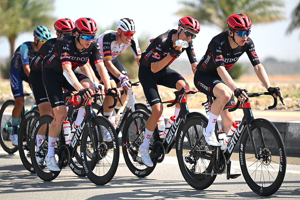 JEBEL HAFEET, UNITED ARAB EMIRATES - FEBRUARY 21: (L-R) Robin Froidevaux of Switzerland, Hannes Wilksch of Germany and Michael Storer of Australia and Team Tudor Pro Cycling compete during the 8th UAE Tour 2026, Stage 6 a 168km stage from Al Ain Museum to Jebel Hafeet 1036m / #UCIWT / on February 21, 2026 in Jebel Hafeet, United Arab Emirates. (Photo by Tim de Waele/Getty Images)