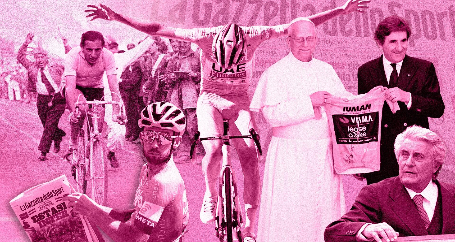A collage of figures related to the Giro d'Italia including the pope, Fausto Coppi, Tadej Pogačar and two race directors