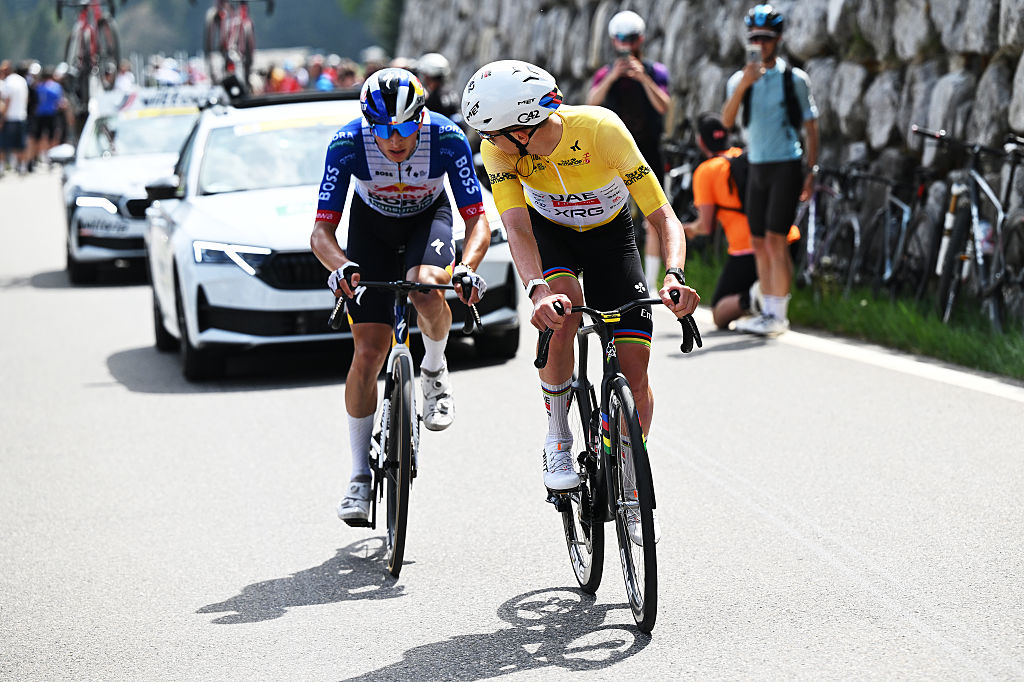 CHARMEY, SWITZERLAND - MAY 02: (L-R) Florian Lipowitz of Germany and Team Red Bull - BORA - hansgrohe and Tadej Pogacar of Slovenia and UAE Team Emirates - XRG - Yellow Leader Jersey compete in the breakaway during the 79th Tour de Romandie 2026, Stage 4 a 149.6km stage from Broc to Charmey / #UCIWT / on May 02, 2026 in Charmey, Switzerland. (Photo by Dario Belingheri/Getty Images)