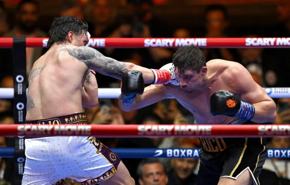 Oleksandr Usyk punches Rico Verhoeven during the WBC and WBA World Heavyweight Titles fight between Oleksandr Usyk and Rico Verhoeven as part of the Glory in Giza Fight Night at Pyramids Panorama 2 on May 23, 2026 in Cairo, Egypt
