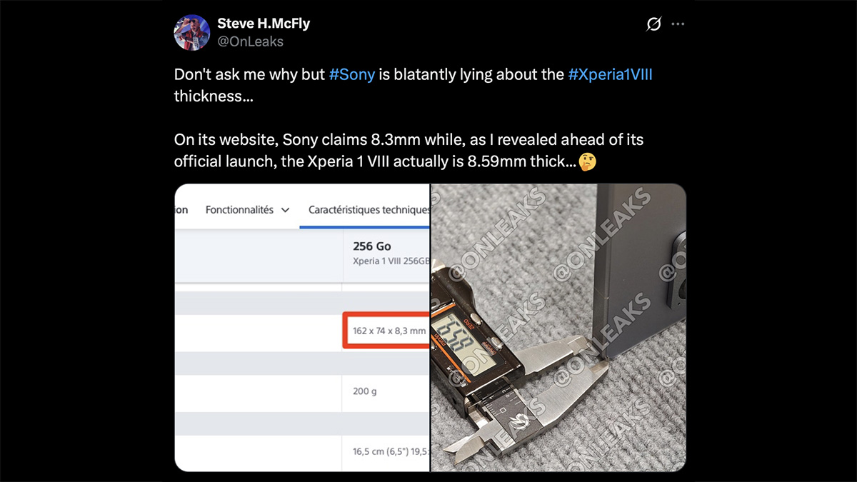 onleaks x post about xperia 1 VIII thickness X post from OnLeaks showing that the Sony Xperia 1 VIII measures 8.59mm, and not 8.3mm as claimed by Sony.