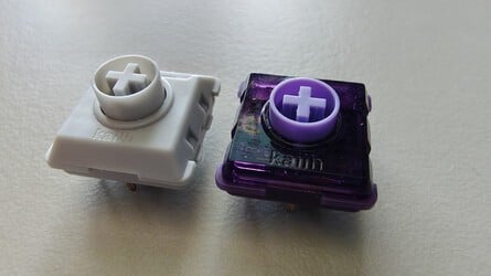 Original Kailh Wizard Switches (left) and the new Purple Glede switches (right)