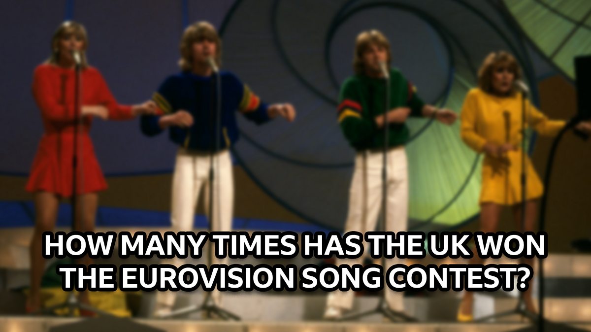 Bucks Fizz perform on stage at Eurovision, dancing behind mics on stands. The girls wear long sleeved tops and skirts, one red and one yellow. The boys in the centre wear white pants and navy jumpers with red and yellow stripes on the arms