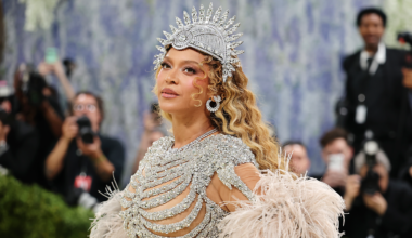 Beyoncé at this year’s Met Gala, dressed in a full skeletal silver dress.