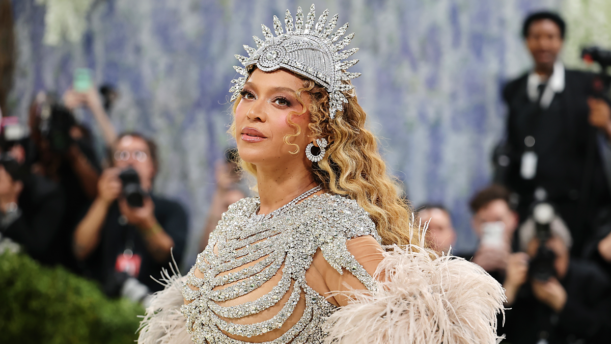 Beyoncé at this year’s Met Gala, dressed in a full skeletal silver dress.