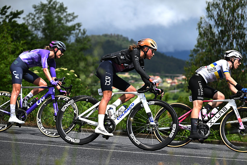 SALVATERRA DE MINO, SPAIN - MAY 03: (L-R) Paula Blasi of Spain and UAE Team ADQ and Yuliia Biriukova of Ukraine and Team Laboral Kutxa - Fundacion Euskadi compete during the 12th La Vuelta Femenina 2026, Stage 1 a 113.9km stage from Marin to Salvaterra de Mino / #UCIWWT / on May 03, 2026 in Salvaterra de Mino, Spain. (Photo by Szymon Gruchalski/Getty Images)