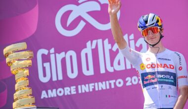 Giulio Pellizzari of RedBull Bora Hansgrohe wears the Maglia Bianca during stage 13 of the 2026 Giro d'Italia from Alessandria to Verbania in Alessandria, Italy, on May 22, 2026. (Photo by Andrea Amato/NurPhoto via Getty Images)