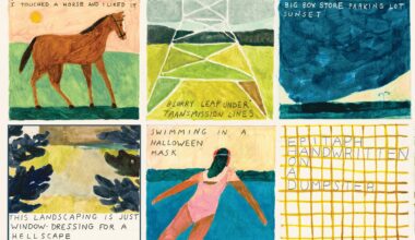 a grid of six small drawn prompts for photos by Pat Perry