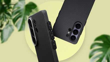 Two Galaxy S26 Ultra phones in carbon fiber Pitaka cases, highlighting three additional physical side buttons