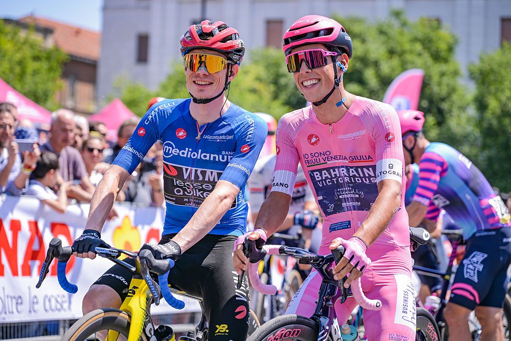 Jonas Vingegaard of Team Visma with the Maglia Azzurra and Afonso Eulalio of Bahrain Victorius with the Maglia Rosa on the start line during stage 13, Alessandria-Verbania, of the 2026 Giro d&amp;apos;Italia in Alessandria, Italy, on May 22, 2026. (Photo by Andrea Amato/NurPhoto via Getty Images)