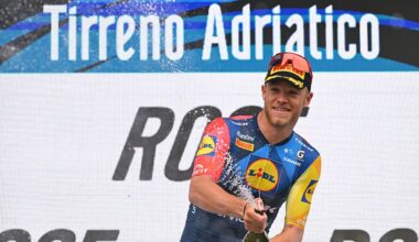 SAN BENEDETTO DEL TRONTO, ITALY - MARCH 15: Jonathan Milan of Italy and Team Lidl - Trek celebrates at podium as stage winner during the 61st Tirreno-Adriatico 2026, Stage 7 a 142km stage from Civitanova Marche to San Benedetto del Tronto / #UCIWT / on March 15, 2026 in San Benedetto del Tronto, Italy. (Photo by Tim de Waele/Getty Images)