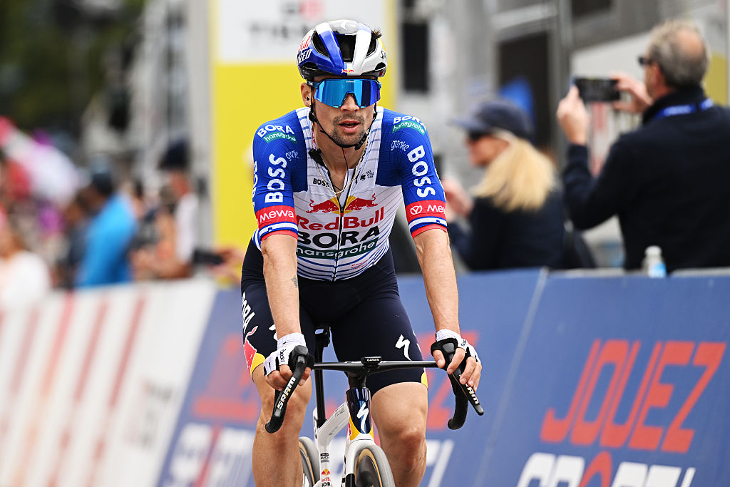 LEYSIN, SWITZERLAND - MAY 03: Primoz Roglic of Slovenia and Team Red Bull - BORA - hansgrohe crosses the finish line as third place winner during the 79th Tour de Romandie 2026, Stage 5 a 178.2km from Lucens to Leysin 1312m / #UCIWT / on May 03, 2026 in Leysin, Switzerland. (Photo by Dario Belingheri/Getty Images)